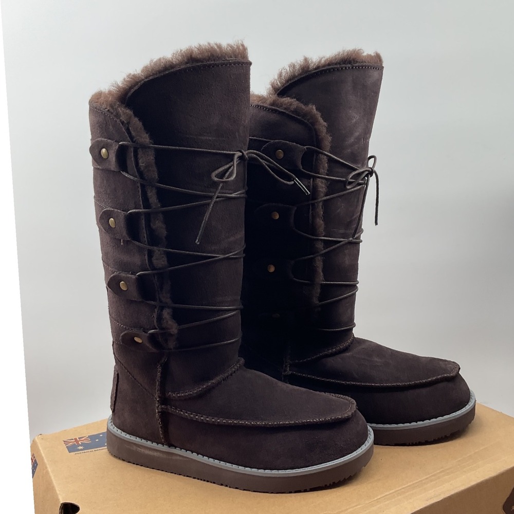 Aussie Merino Brown Suede Tall Lace Up Sheepskin Lined Winter Boots Womens